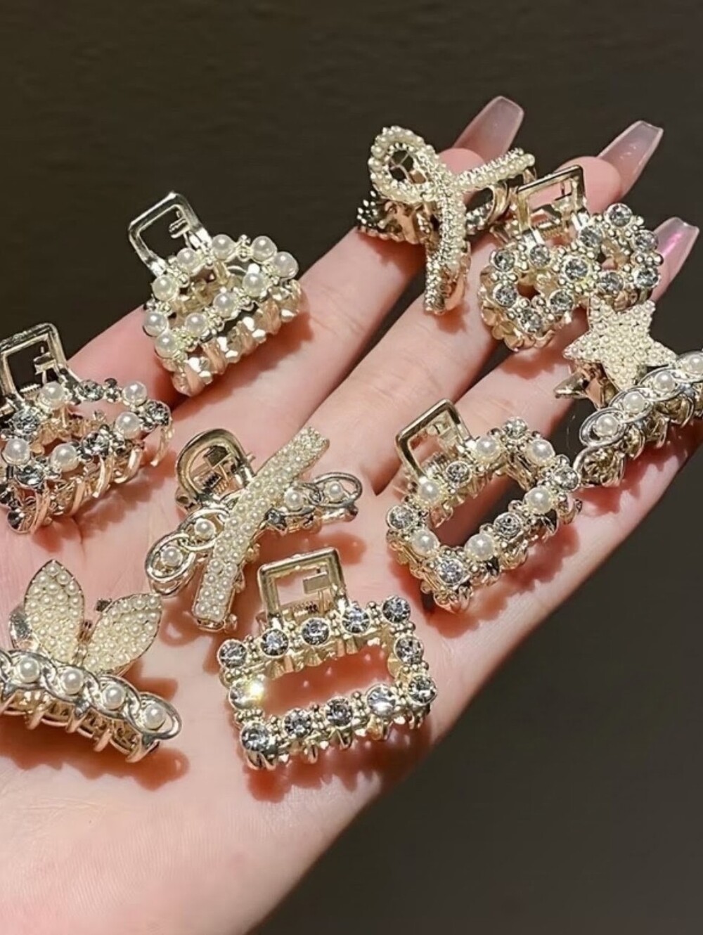 NEW*Set of 9 Pearl Rhinestone, Small Metal Hair Claw Clips
